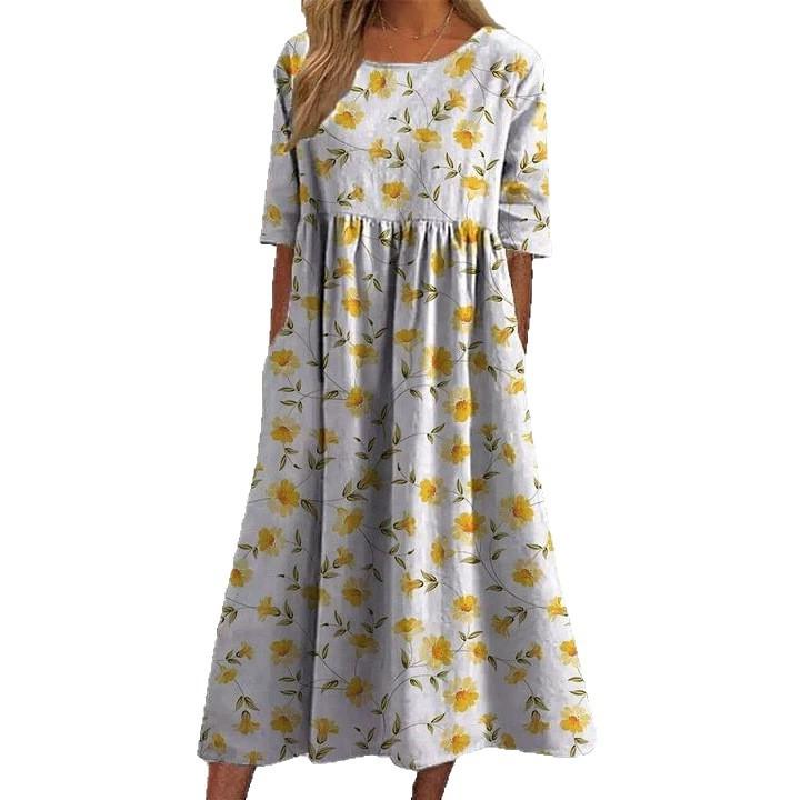 Light Gray Yellow Flower Printed Cotton and Linen Long Dress Round Neck Seven-quarter Sleeve Belly Cover Lazy Versatile Seaside Vacation Pocket Dress