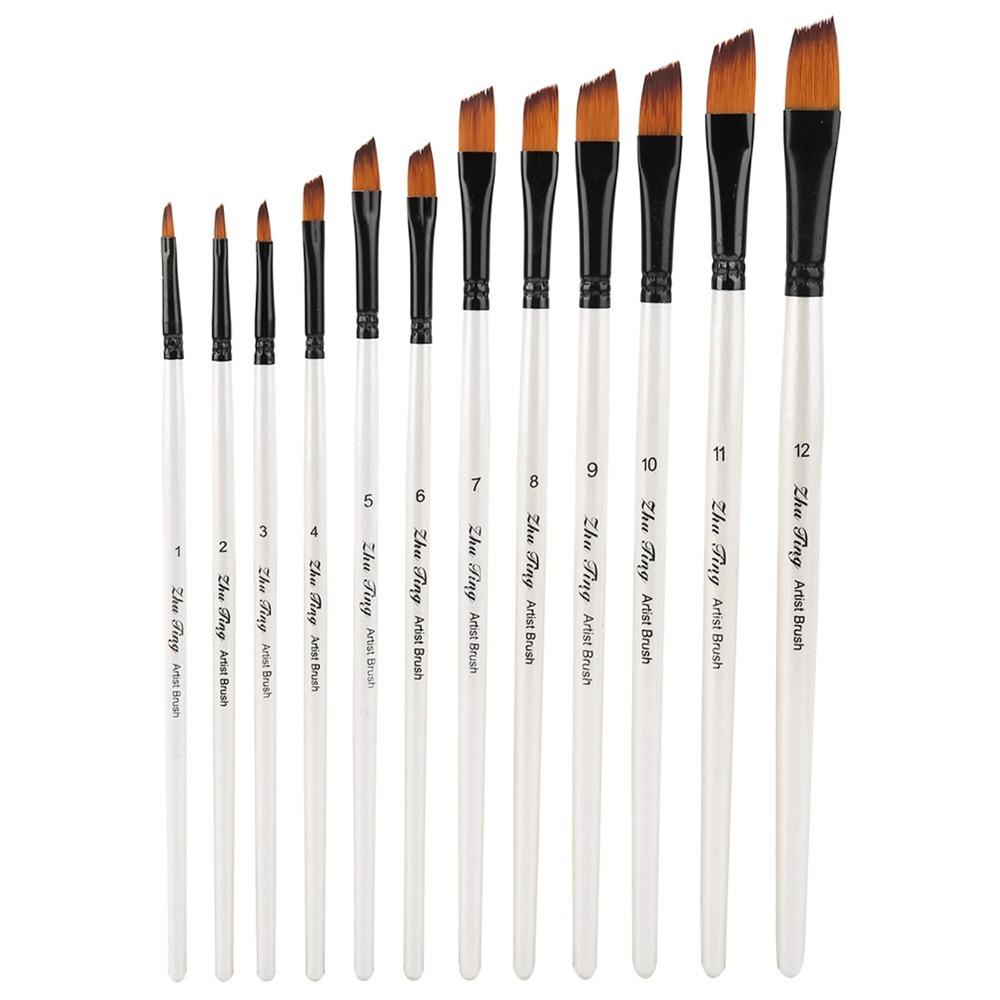 12PCS Pearl White Handles Art Paint Brush Set Tongue Tip & Angle Tip Firm Fastening Nylon Fiber Brushes Soft Nylon Fiber