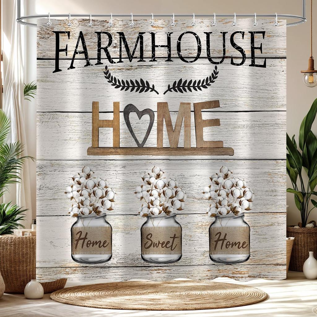 Rustic Sweet Love Home Fabric Shower Curtain, Farmhouse Country Vintage Wood Plank Cotton Shower Curtains for Bathroom Decor, Wa