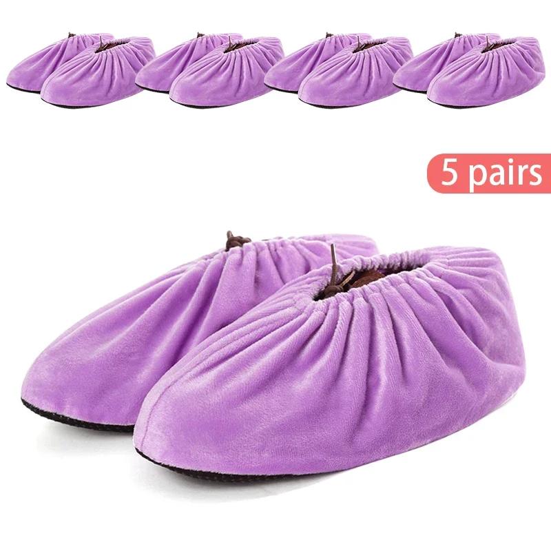5 Pairs Thicken Plush Shoe Covers Reusable Anti-slip Soles Durable Wear-resistant Covers Foot for Indoor Outdoor Shoe