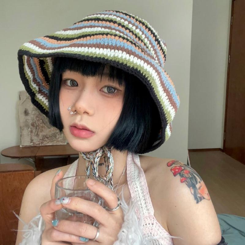 Summer Fisherman Hat for Woman Weaving Bucket Hat Crochet Stripe Pattern Cap