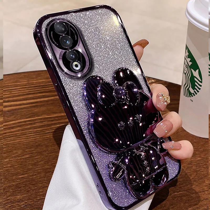 bracket Case For Honor 90 Glitter Mirror Rabbit Holder Soft Case for Honor 90 70 50 Magic5 Lite Pro X8 Shockproof Cover