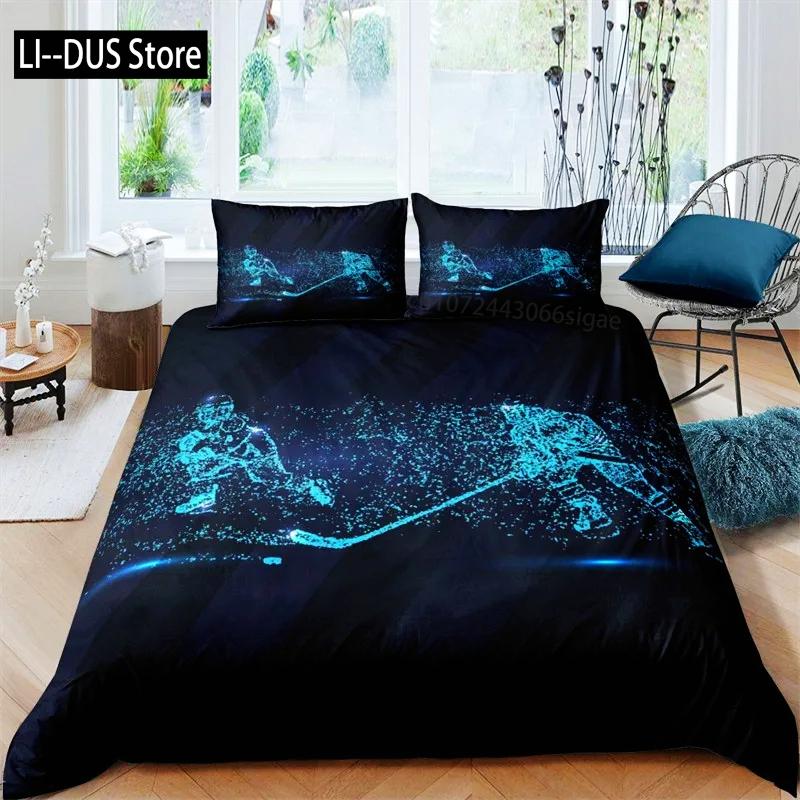Kids Ice Hockey Duvet Cover Full Hockey Player Pattern Bedding Set Winter Sports Theme Quilt Cover for Youth Teen Boy Room Decor