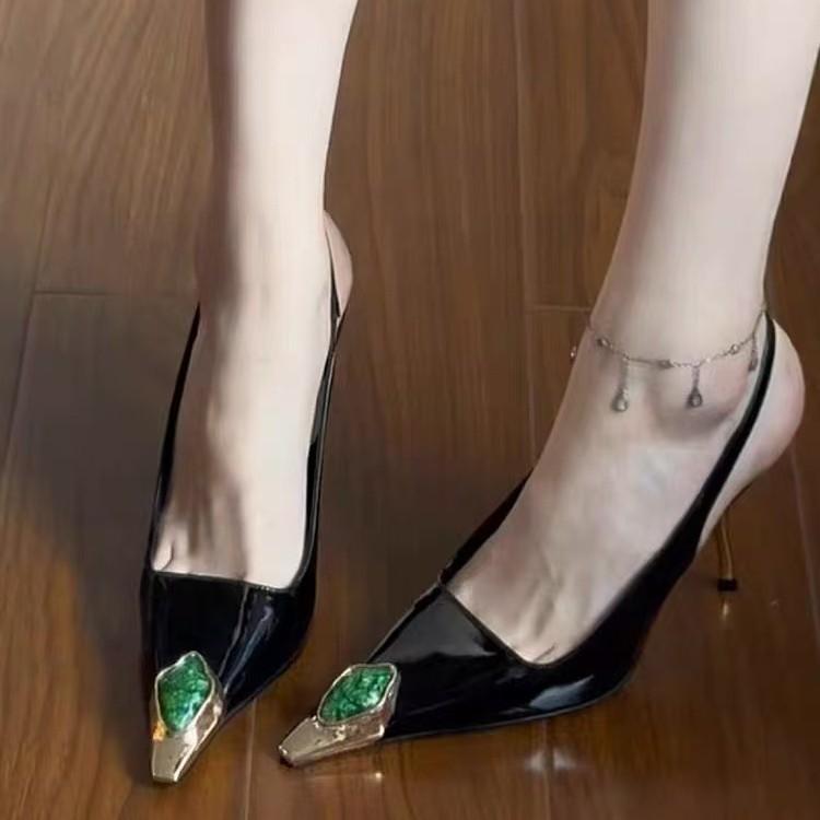 2025 spring and summer French high-end sexy square head single shoes metal iron head stiletto high heels rhinestone rear empty sandals