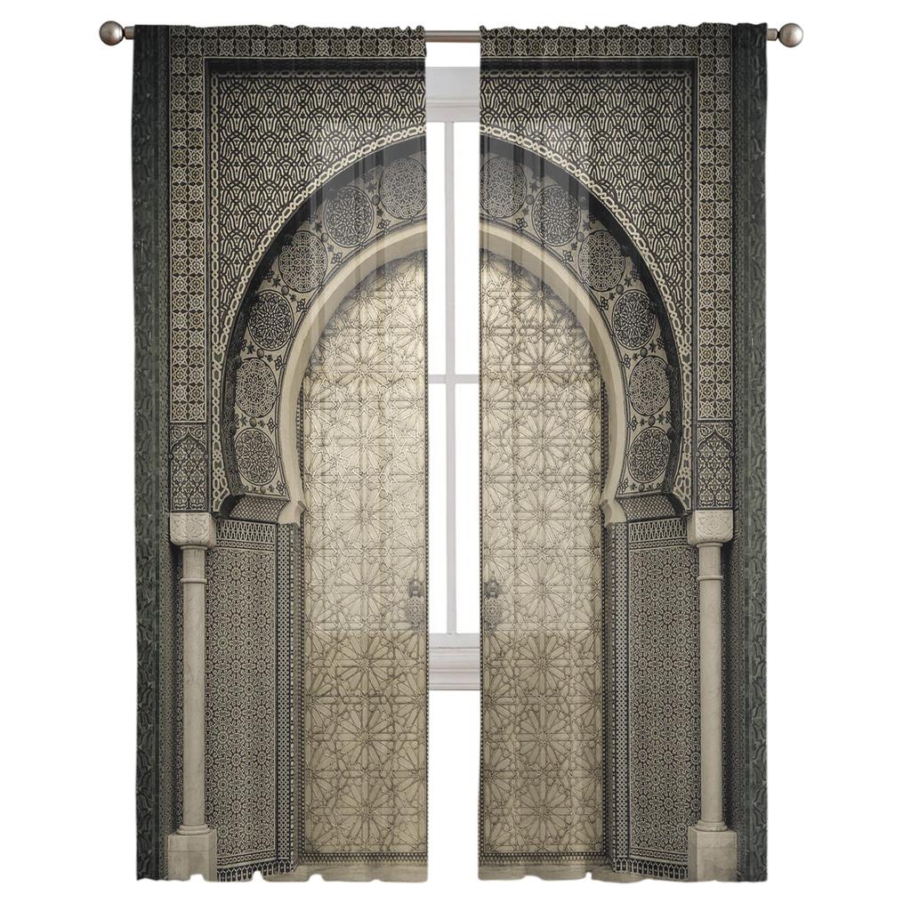 Marokkanische mittelalterliche Vintage-Tür-Chiffon-Vorhänge für Wohnzimmer, Schlafzimmer, Heimdekoration, Fenster, Voiles, Tüll-Vorhänge