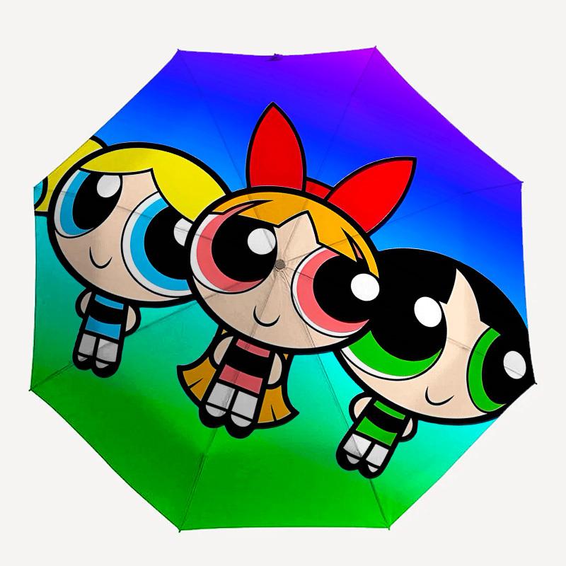 Powerpuff Girls, Cartoon Automatisch Openen en Sluiten, 8-ribs Structuur Draagbare Paraplu, Geschikt voor Mannen en Vrouwen in Alle Seizoenen Perfec