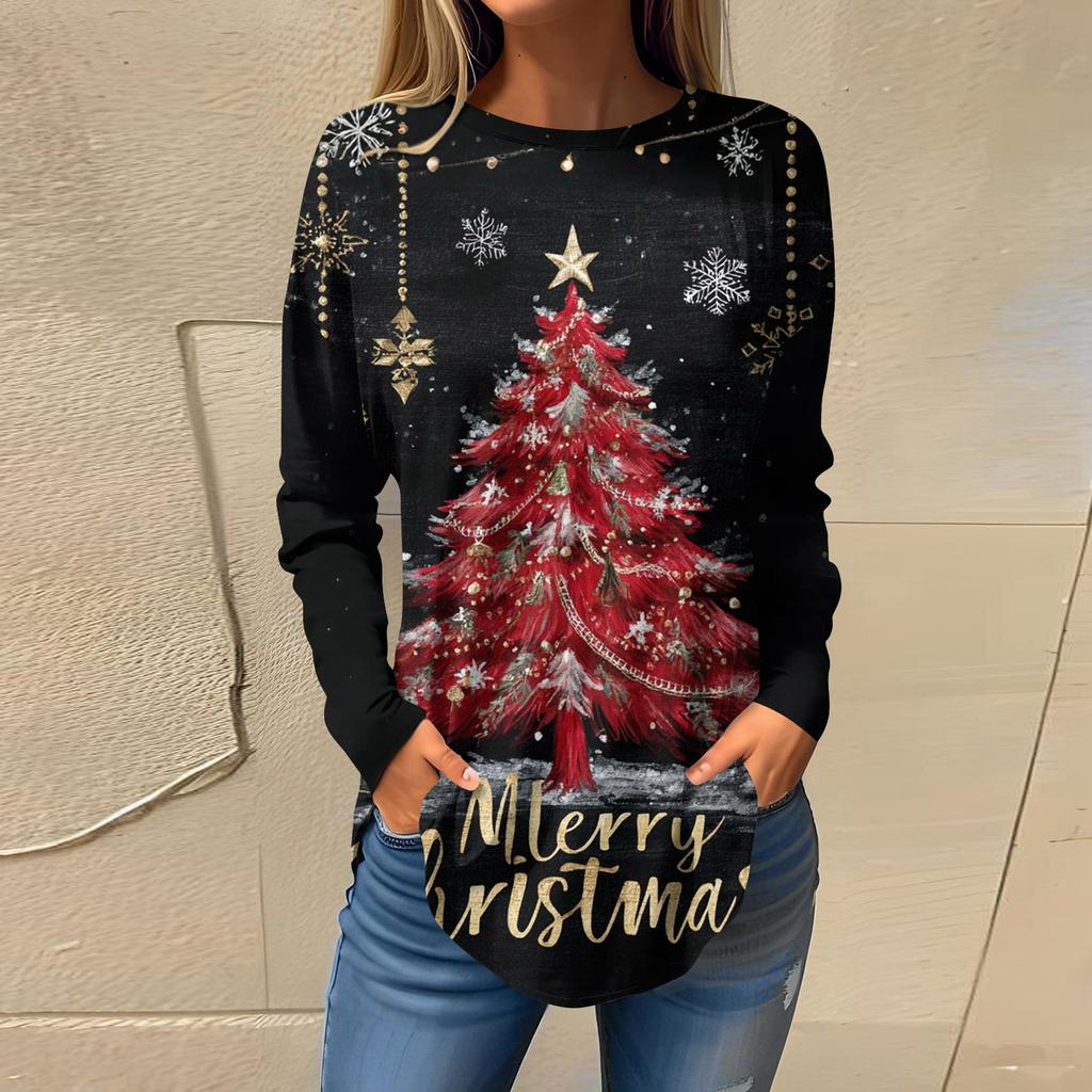 Weihnachts-Stil Damenbekleidung Schneeflocke Weihnachtsbaum Print Pullover Rundhalsausschnitt Langarm T-Shirt Festlich Lässig Lockeres Oberteil
