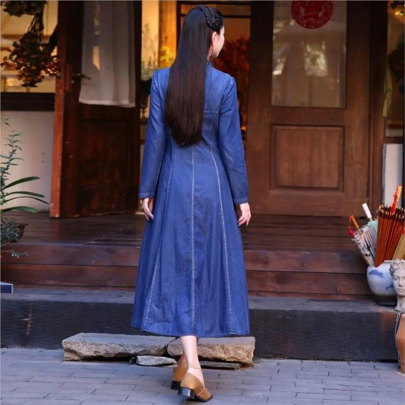Johnature Woman Spring Chinese Style Long Sleeves Vintage Single Breasted Dress Cotton Embroidery V-Neck Dress