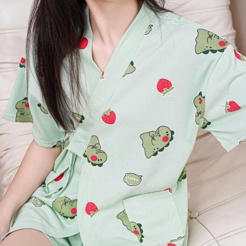 

Женская ночная одежда пижама студенческая с короткими рукавами шорты персиковый принт брючный комплект одежда для сна удобная M зелёный