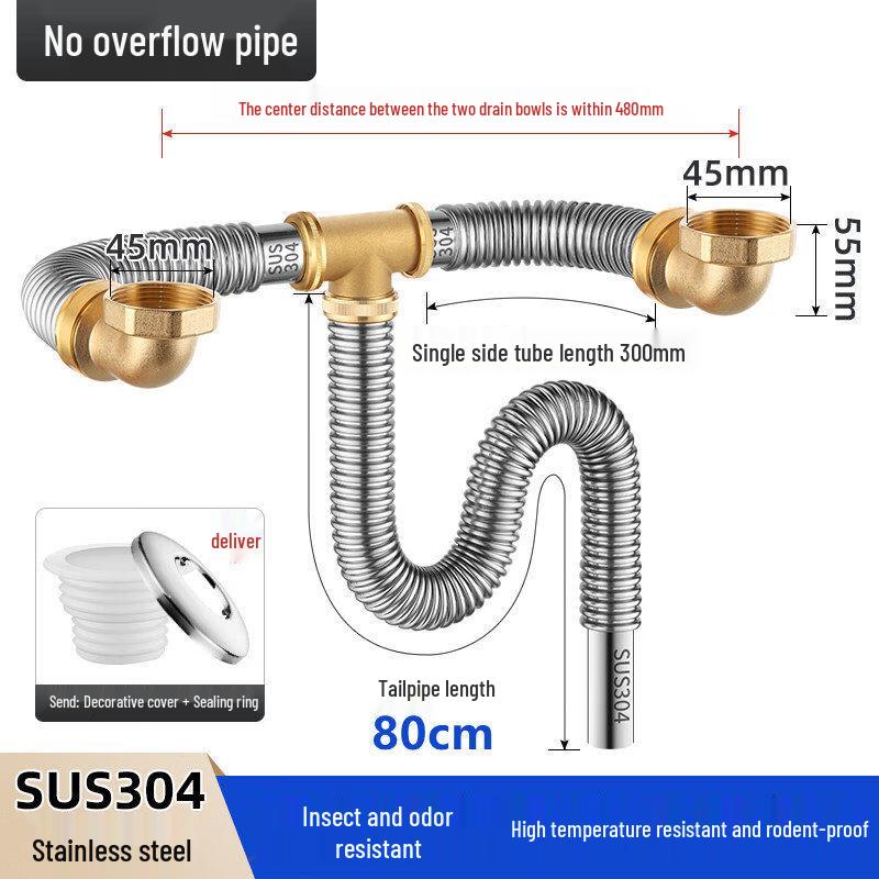 TLXT Stainless Steel Double Sink Drain Pipe Kit