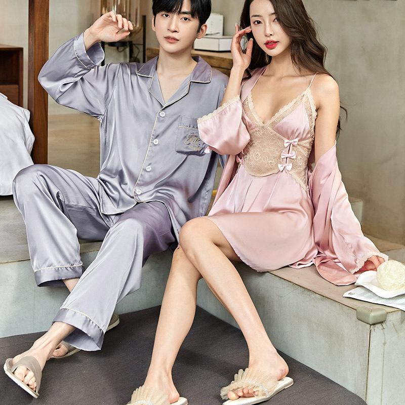Couple pajamas women's silk spring and autumn thin sexy nightgown nightdress suspender two-piece set summer men's ice silk suit