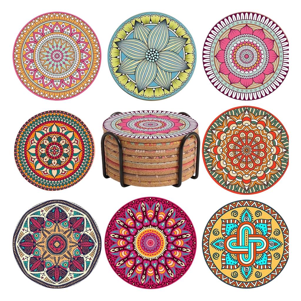 Set of 8 Round Woven Coasters with Holder Thick Heat Resistant Trivets for Kitchen Table Protection and Hot Pot Use Durable Design