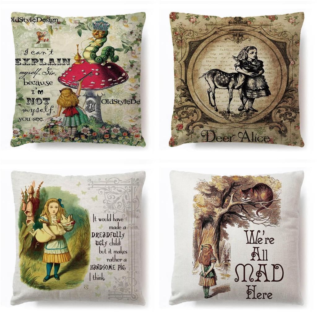 Alice In Wonderland Cartoon Pillow Case Cotton Linen Square Cushion Cover**
