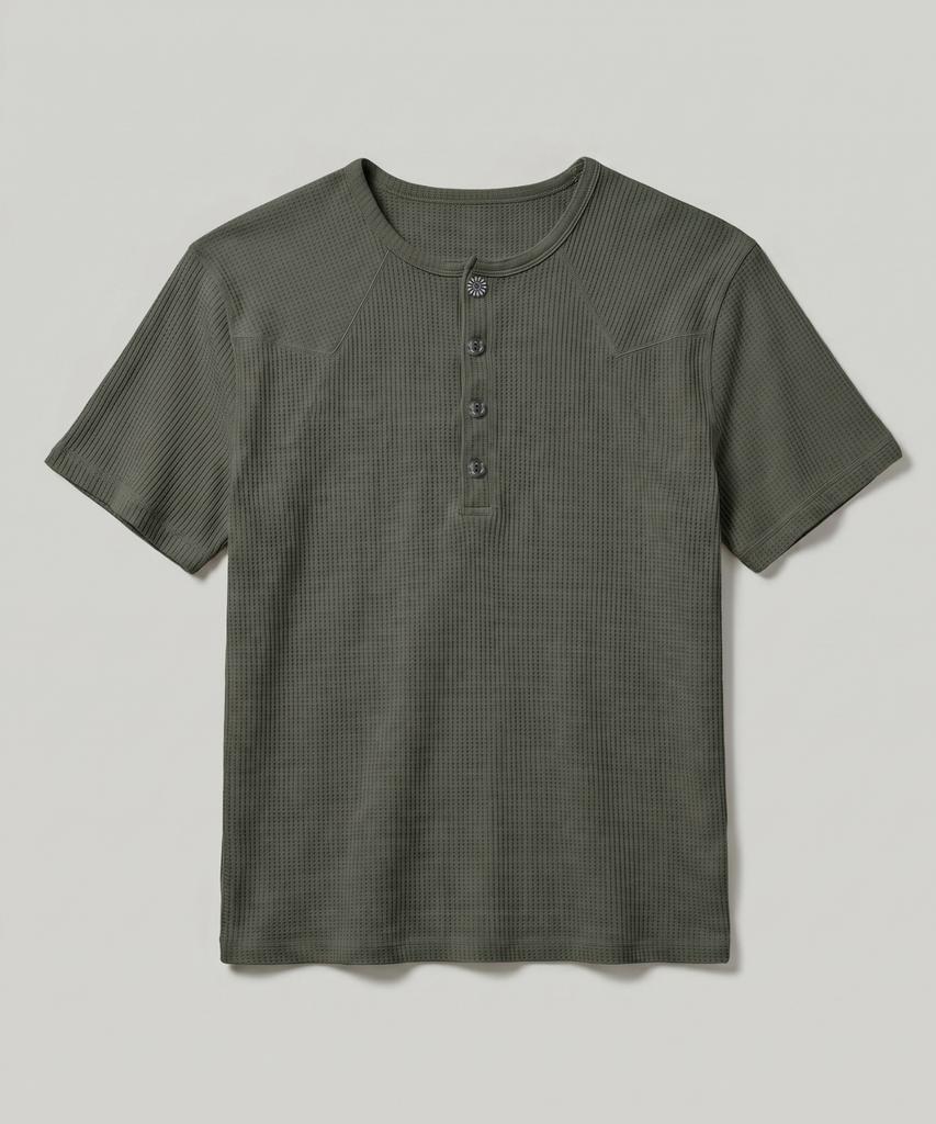 SSY Western York Waffle Henley Neck Half Sleeve Olive Khaki