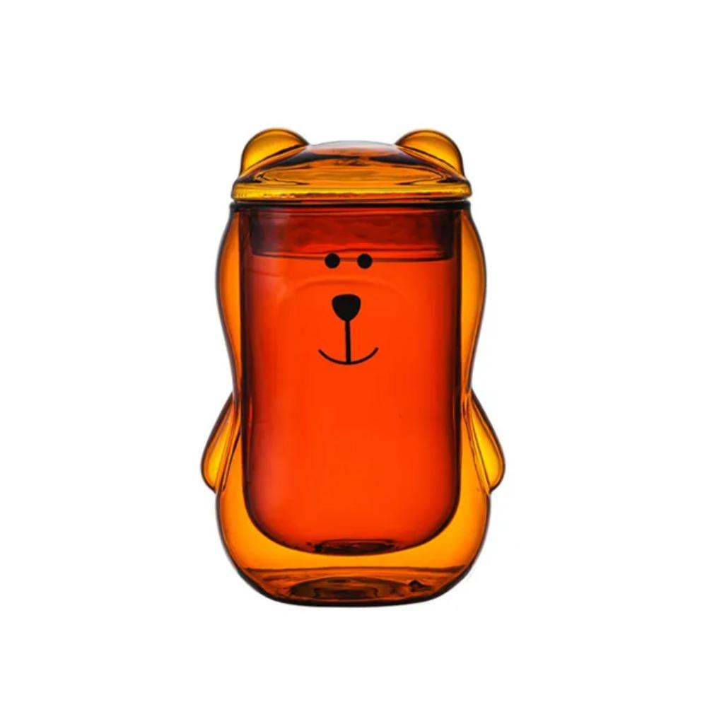 Tasse à café créative 300 ml avec couvercle en verre transparent, motif ours ambré, motif ours mignon