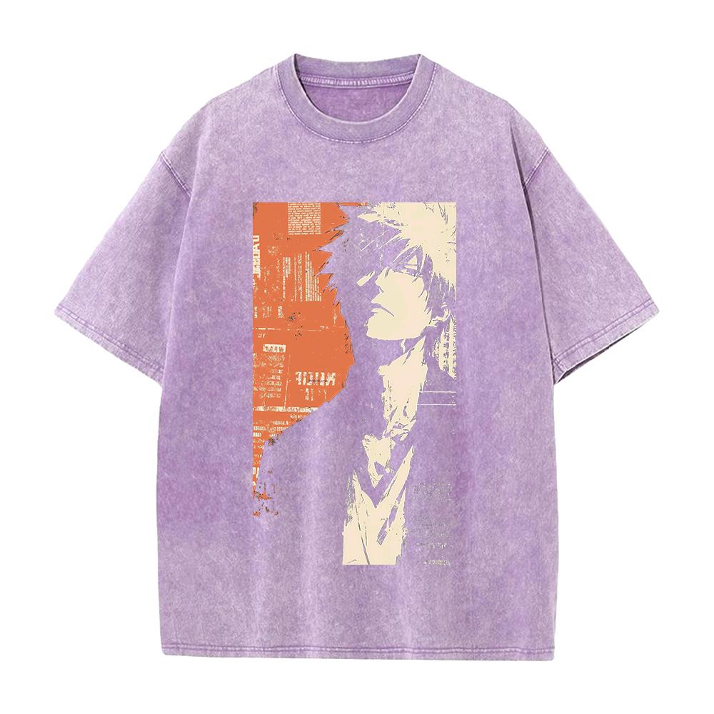 Ichigo Kurosaki BLEACH Anime Outfit Unisex Locker geschnitten Kurzarm Gewaschenes Vintage Baumwoll-T-Shirt