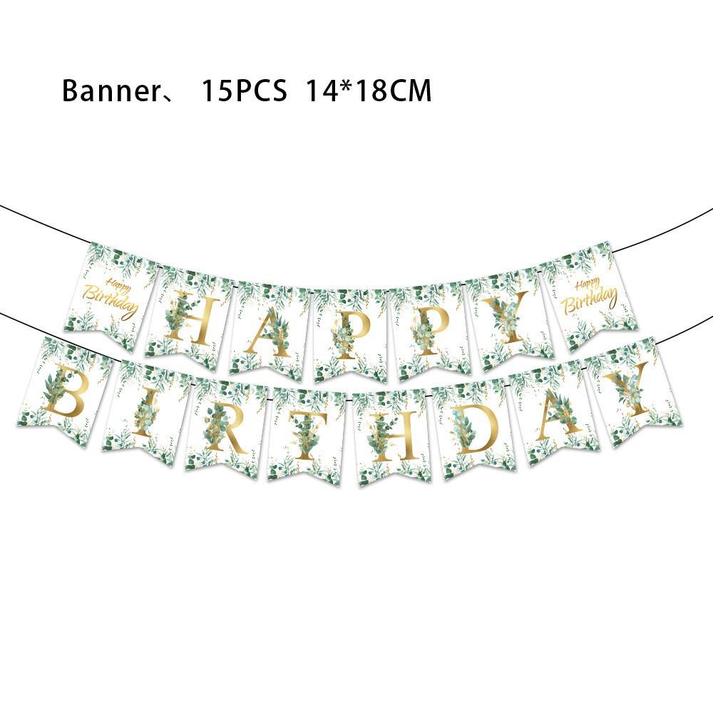 Eucalyptus Leaf Party Tableware: Napkins, Cups, Tablecloth, Cutlery, and Flags for Birthday Celebrations.