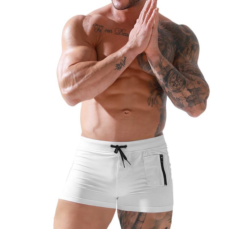 

European American New Men s Side Pocket Zipper Boxer Swimming Trunks Quick-drying Low-rise Pants Vertical Beach L білий