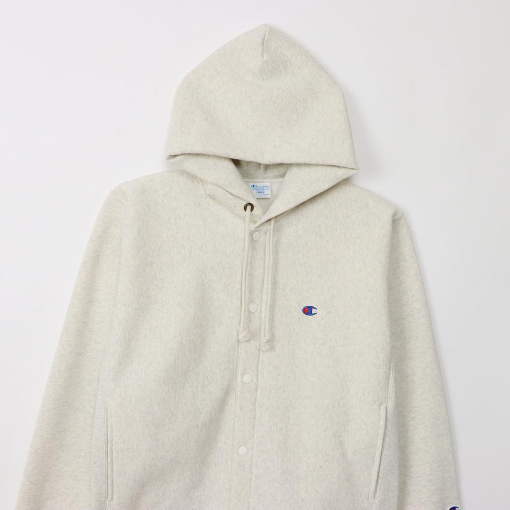 Champion Long Sleeve Brushed REVERSE Snap Hooded Oatmeal Men's Sweatshirt, 11.14oz Cotton, USA, Back, One-Point Logo, WEAVE® Sweatshirt, C3-A120,