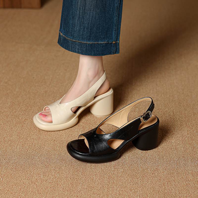 Krazing Pot Cow Skin Peep Toe Size 41 Round High Heels Summer Shoes Buckle Straps Beige Color Vintage Sandals