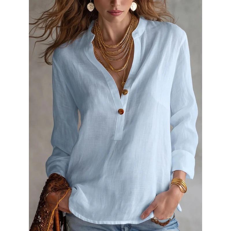 TIFICY Moda feminina casual primavera outono cor sólida estampa manga comprida blusas e camisas
