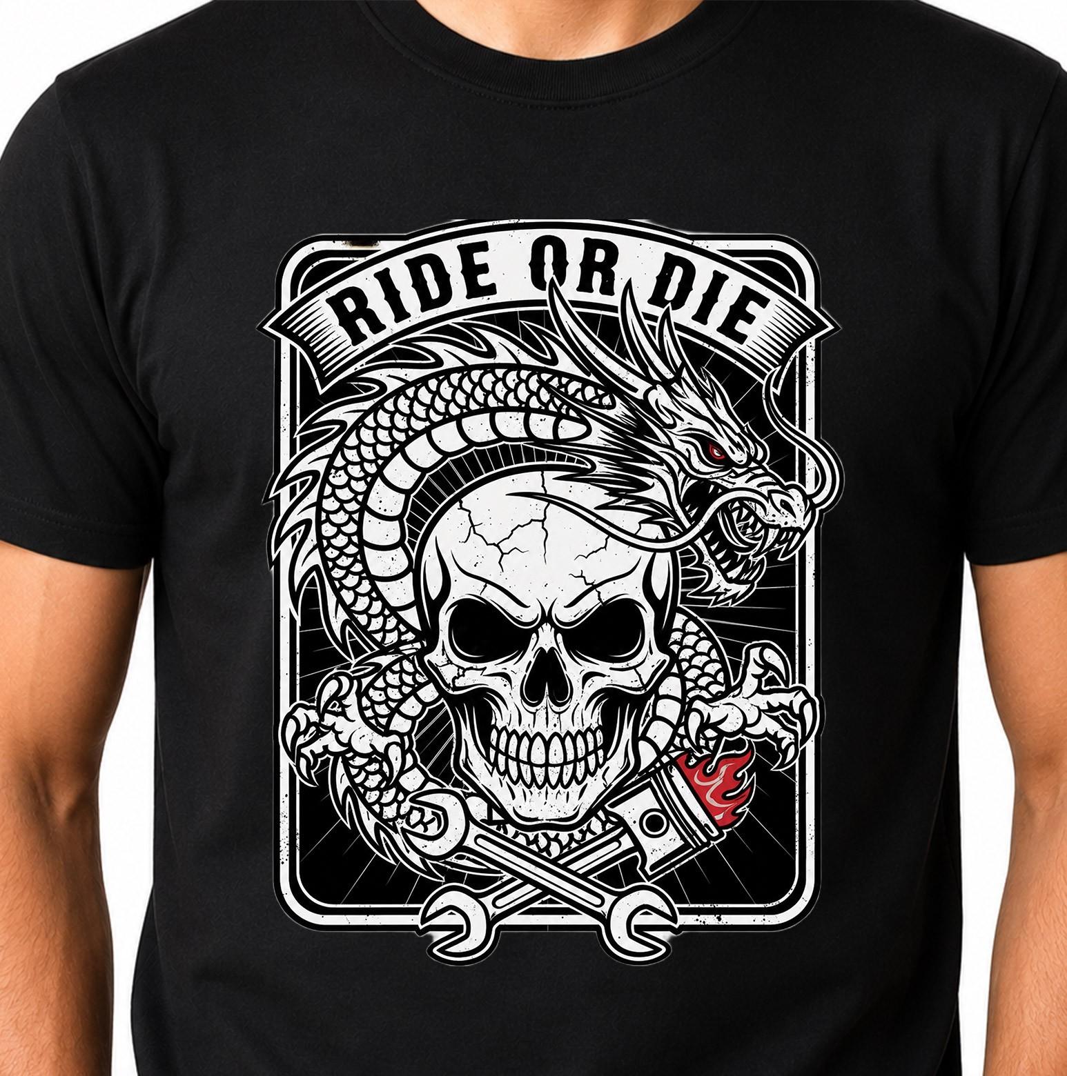 Skull Dragon Ride Or Die Graphic Biker Motorcycle Gothic Piston Wrench Tee. M