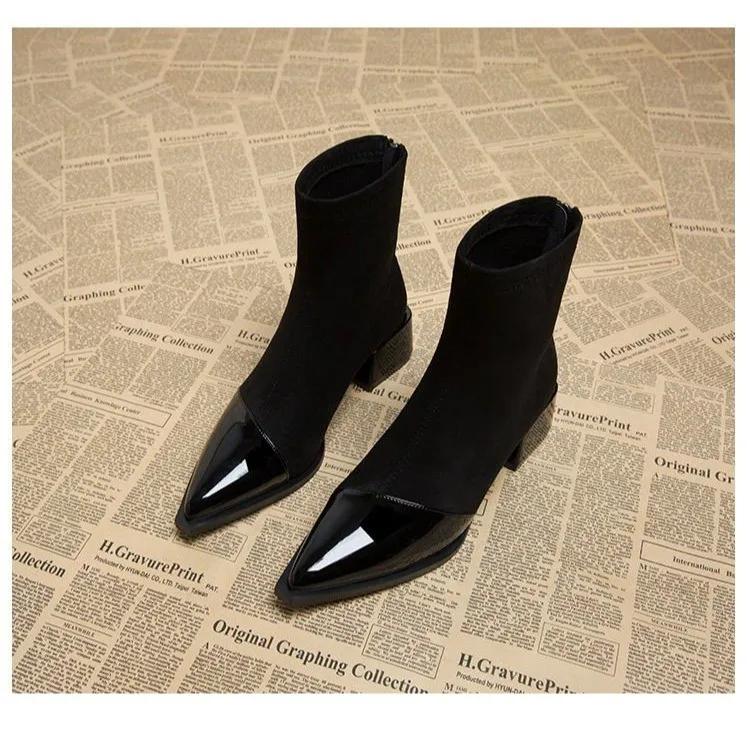 

Fashion Ankle Boots for Women Pointed Toe Square Heel Outdoor Soild Concise Office Lady Patchwork Boots Autumn Large Size Full Size 2024 42 чёрный