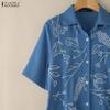ZANZEA Women Casual Turn Down Collar Short Sleeve Print Shirt Dress