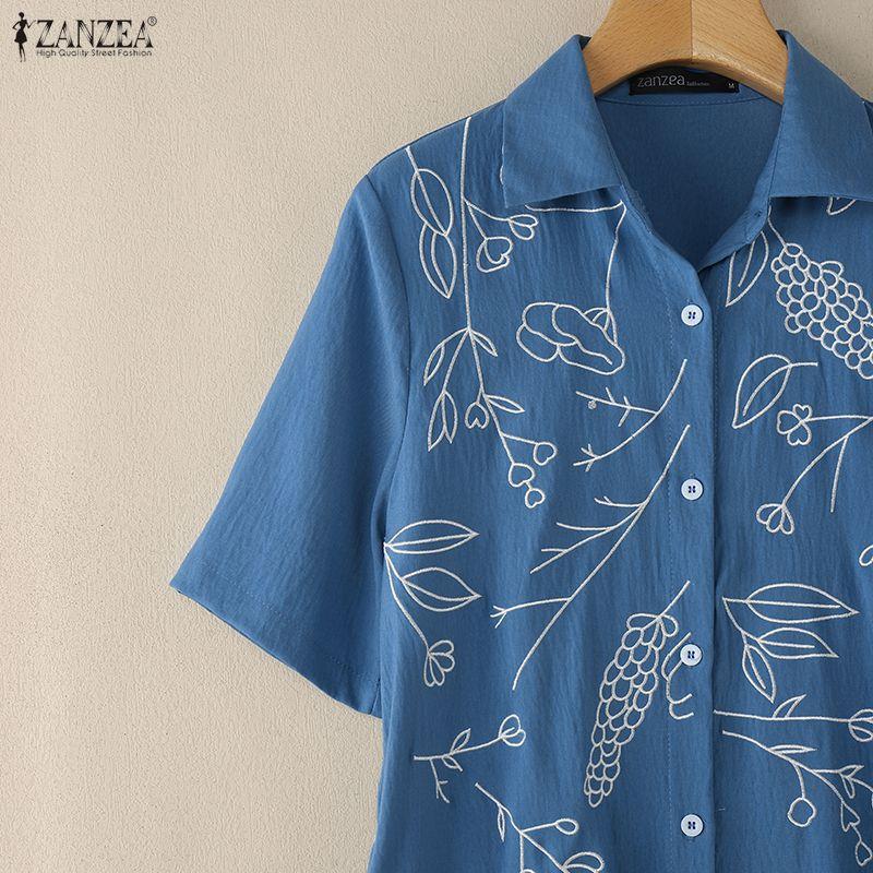ZANZEA Women Casual Turn Down Collar Short Sleeve Print Shirt Dress