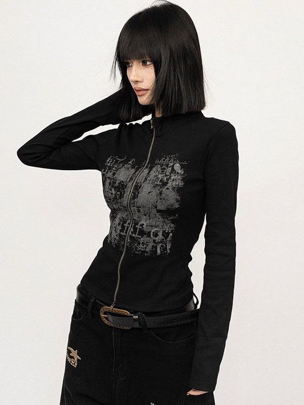 Autumn/Winter Pure Desire Long Sleeve Crop Top - Slimming and Versatile Zipper Design for Women