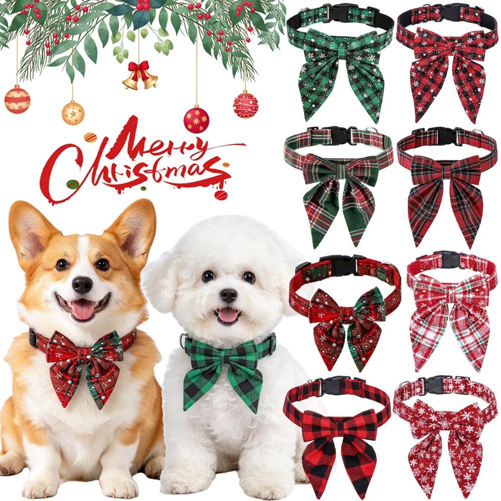 British Style Christmas Lattice Bow Dog Collar Adjustable Dog Drool Bibs Pet Dog Bow Tie New Year