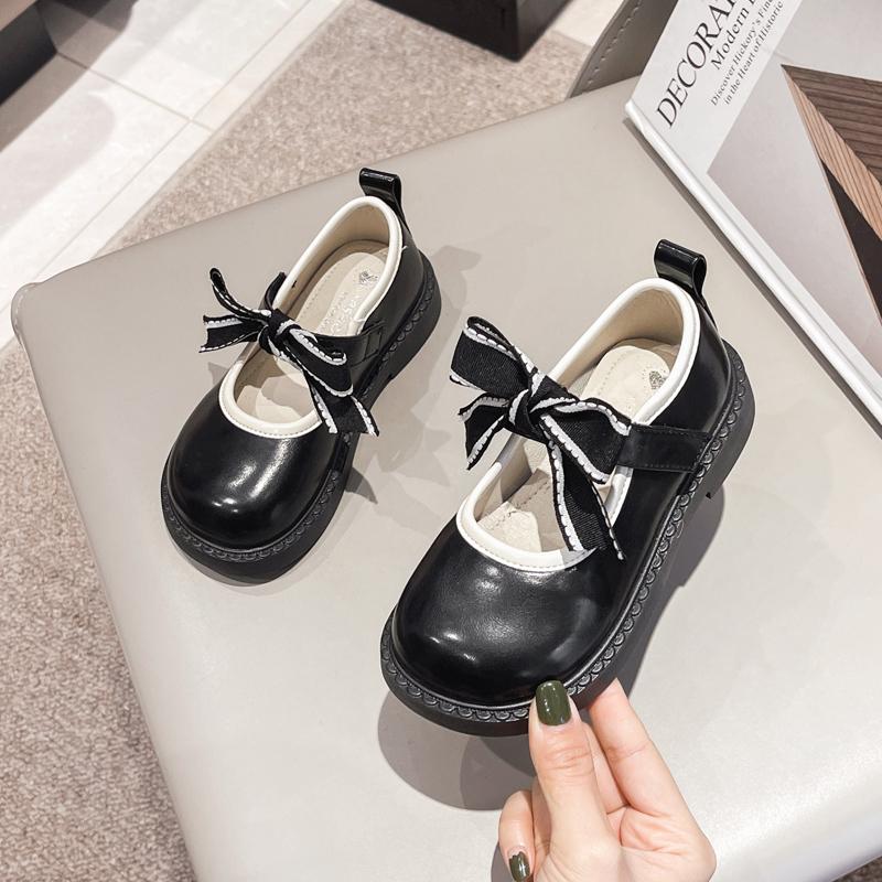 2024 New Girls Leather Shoes Simple Non-slip Bow Round-toe Versatile Soft Elegant Korean Style Kids Princess Loafers Soft Spring