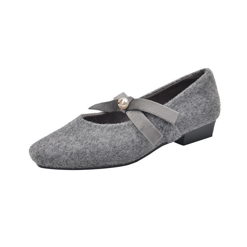 Mary Jane shoes with velvet warm round head and shallow mouth with skirt knot pearl shoes