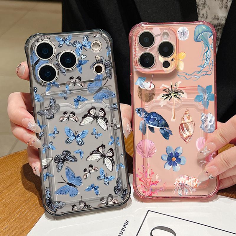 Husă Telefon cu Buzunar pentru Carduri Scoică Balenă Pentru iPhone Air 17 16e 16 15 Pro Max 14 13 Pro Rezistentă la Șocuri Transparentă Moale TPU