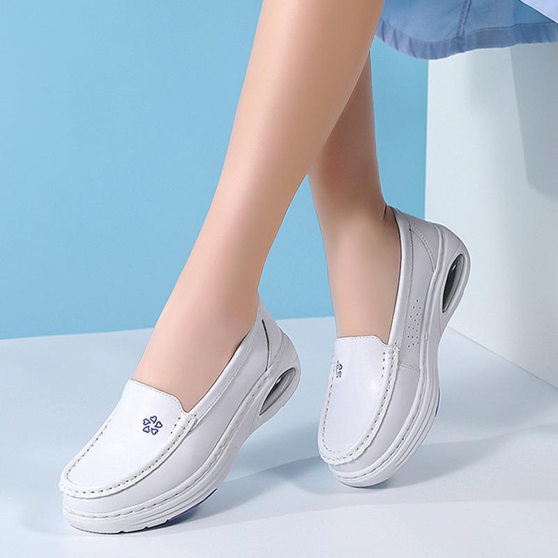 Women Massage Insole Genuine Leather Hollow Breathable Anti-Slip Swing Shoes Half Palm Air Cushion Platform Nurse Work Shoes