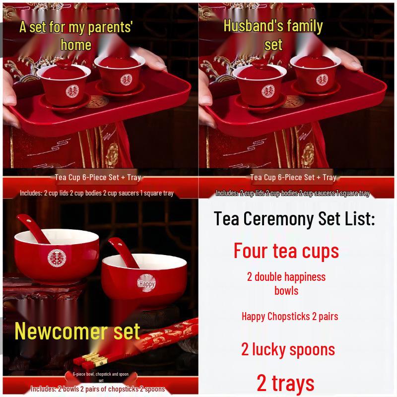 Festive Red Wedding Tea Set: Gaiwan, Chopsticks, Happy Bowl & Pair Bowls