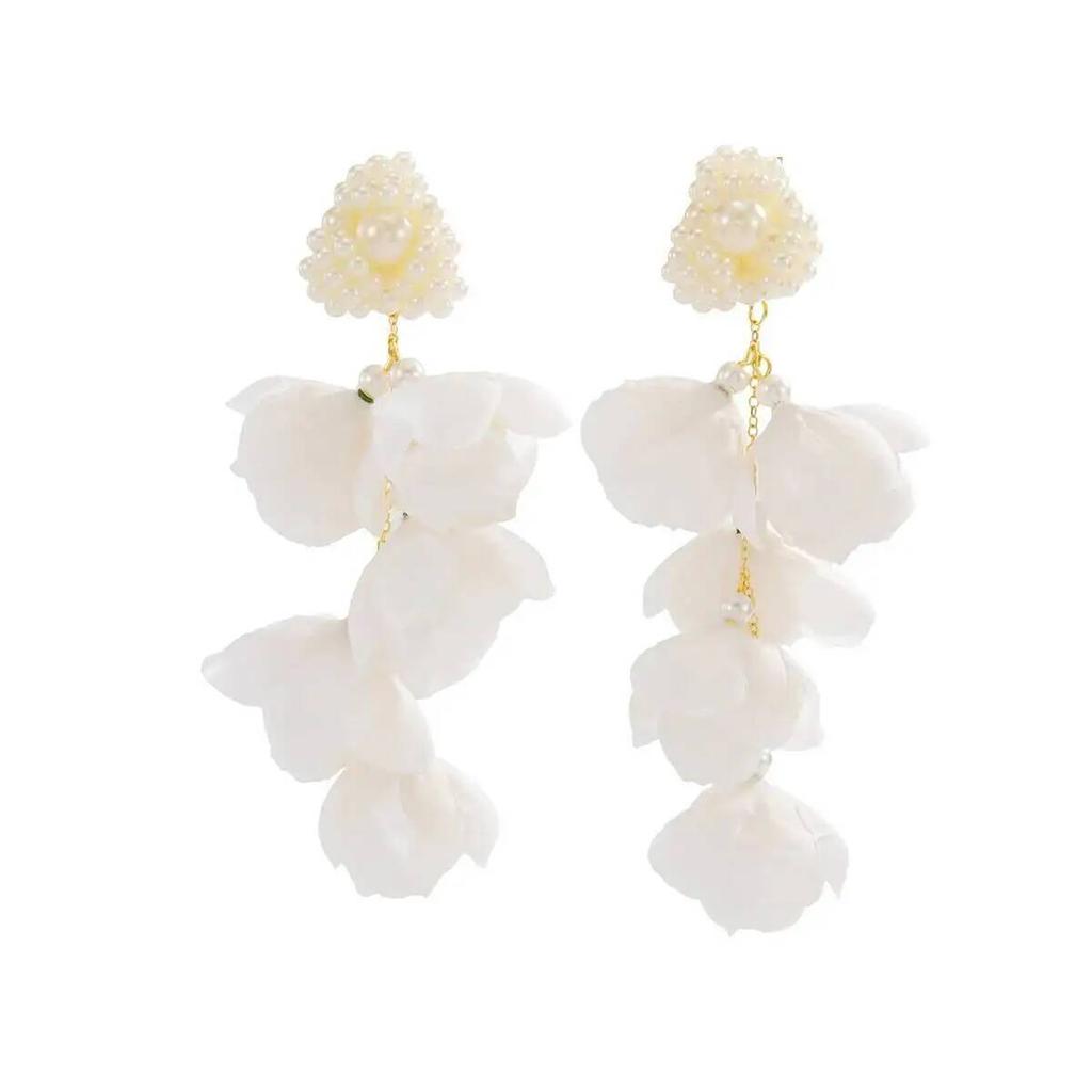 IngeSight.Z Exquisite White Flower Long Earrings Imitation Pearl Crystal Dangle Earrings for Women Fashion Party Wedding Jewelry
