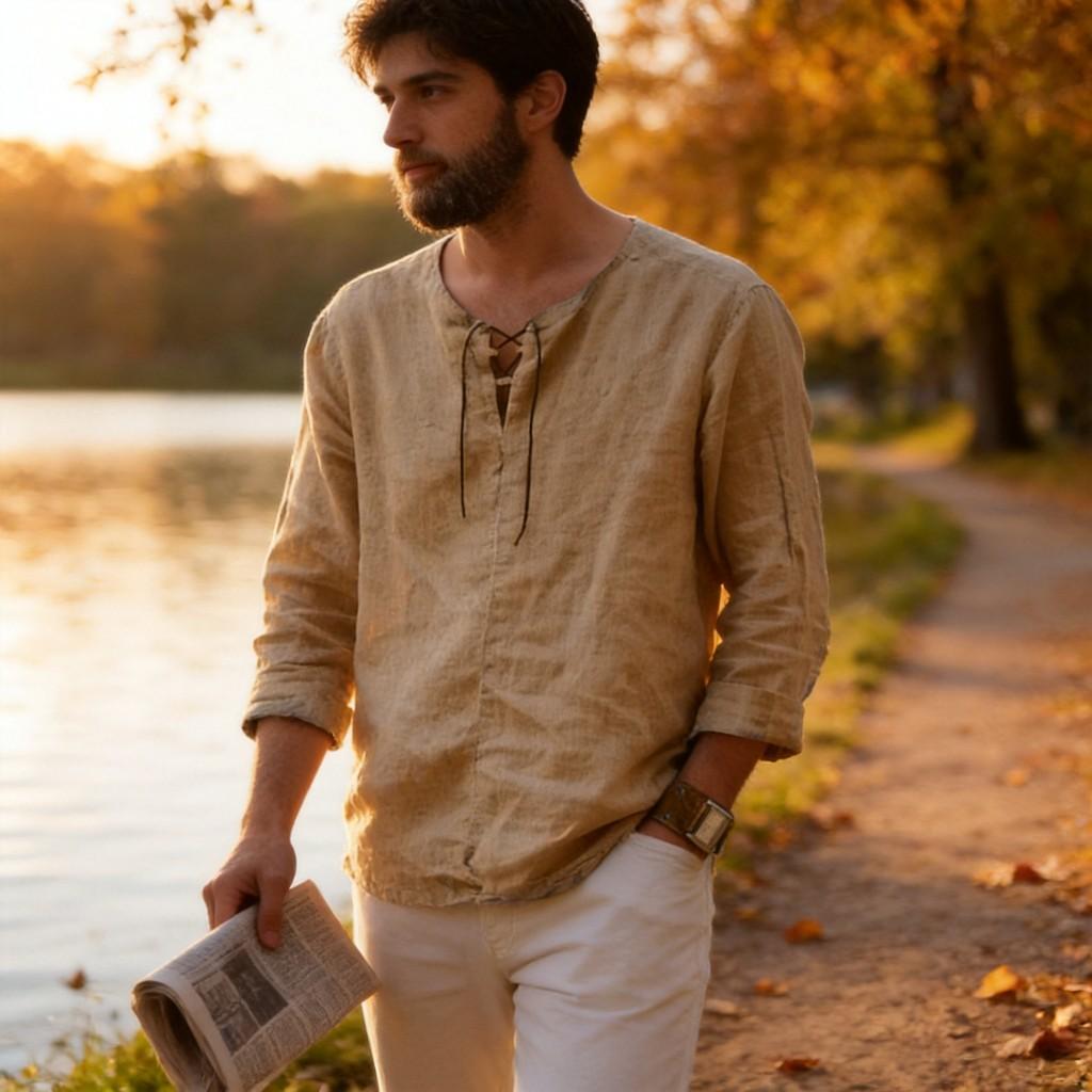 Lässiges Herren-Langarmhemd aus Baumwollmischung mit Kordelzug für Herbst und Frühling