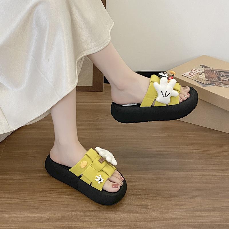Fashion Versatile Casual Cartoon Cute Mickey One-word Slippers Women's 2025 Summer New Thick-bottomed Beach Cool Slippers