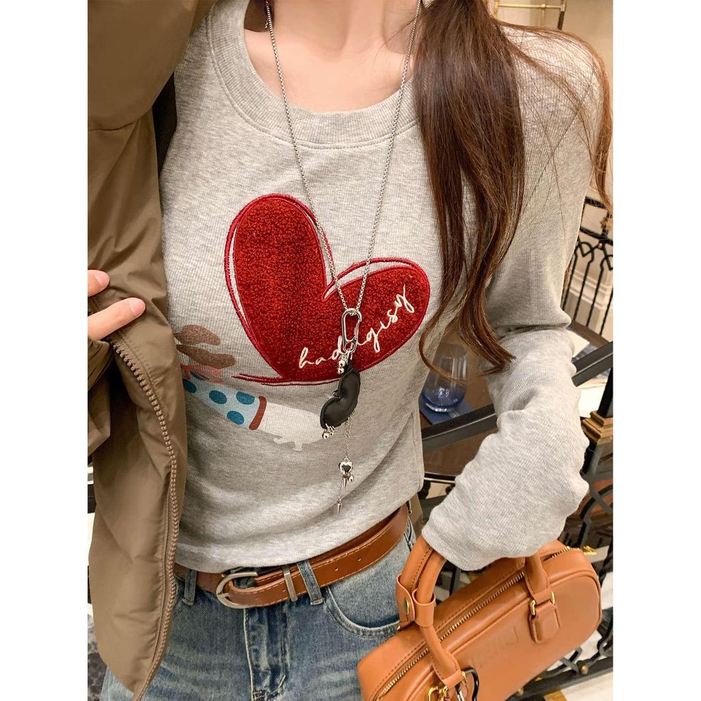 Women's Heart-Shaped Puppy Print Round Neck Long Sleeve T-shirt, Brushed for Spring, Autumn, Winter - Korean Style Fashion Base Layer.
