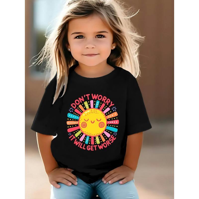 European sizes Fashionable and Casual Round Neck Short-sleeved T-shirt for Girls, Featuring a Fun and Colorful Cartoon Sun Print