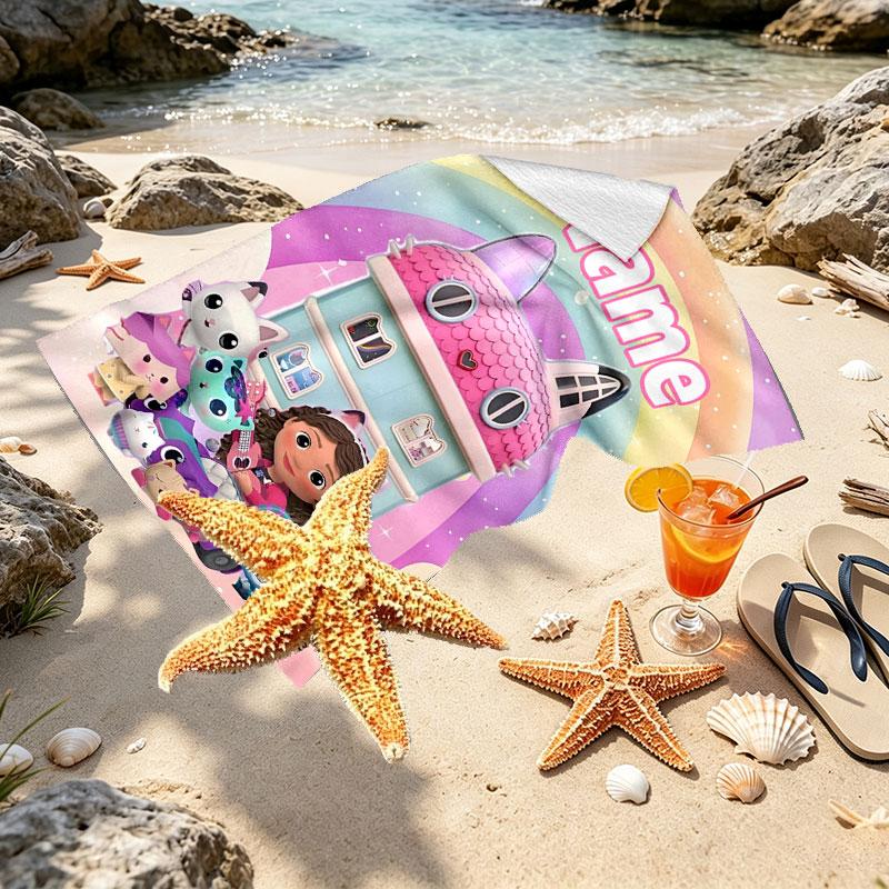 Custom Name Personalized Gabby's Dollhouse Print Beach Towel, for Trip Camping Beach Party Home Decor, Birthday Gift for Family & Friends