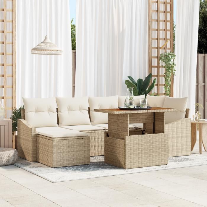 VidaXL Canapé de jardin 7 pièces avec coussins Beige Rotin poly 3358598