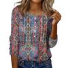 Women's Round Neck Pull Stripe Decorative Button Top Casual Solid Color 3/4 Sleeve T Shirt