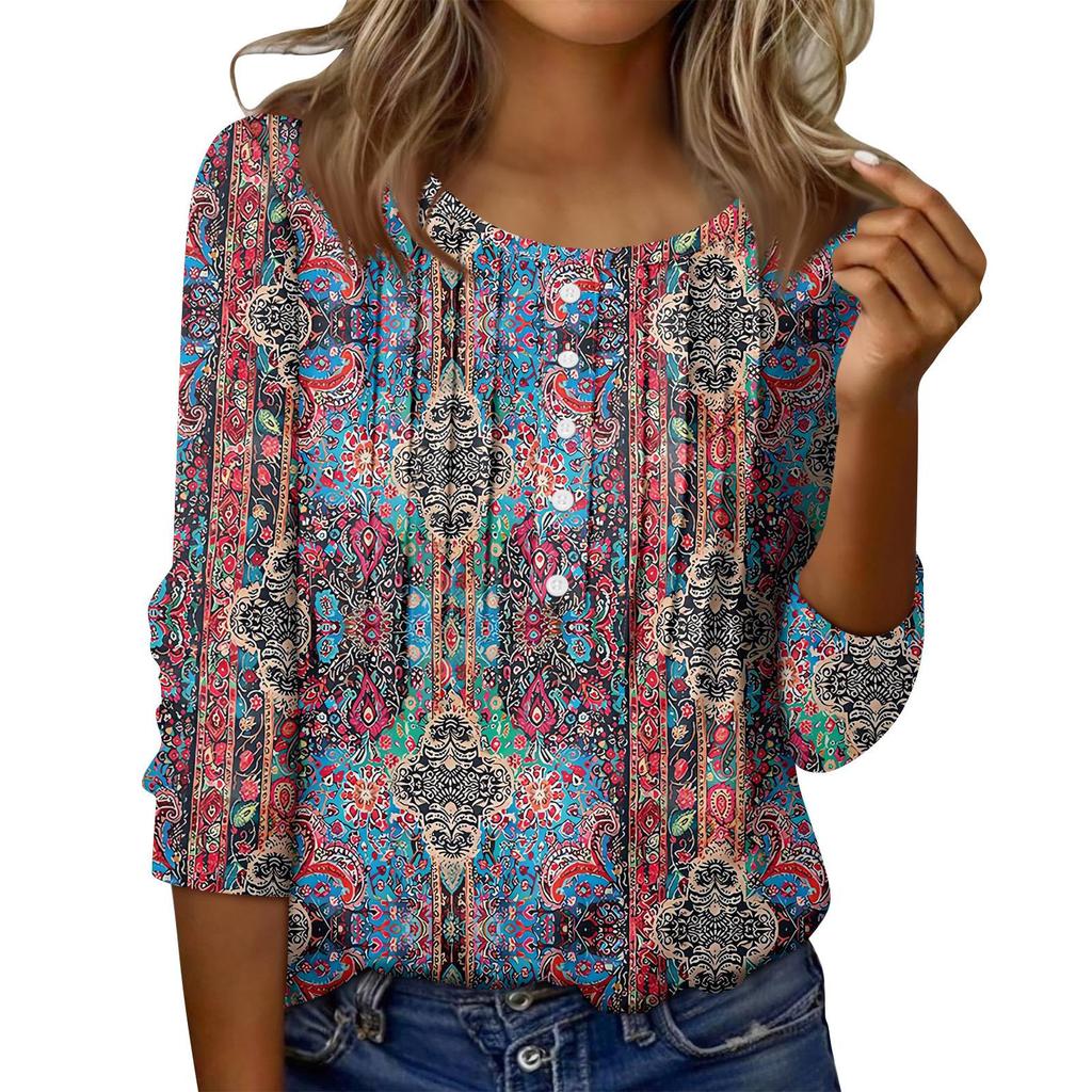 Women's Round Neck Pull Stripe Decorative Button Top Casual Solid Color 3/4 Sleeve T Shirt
