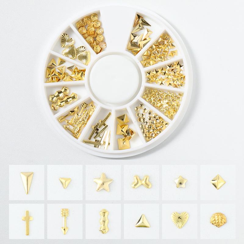 Goldener Schmuck Stern und Mond Nietendesign Wasseraufkleber Nagelsticker Nagelkunst Dekoration Hohle Legierung Nageldekoration