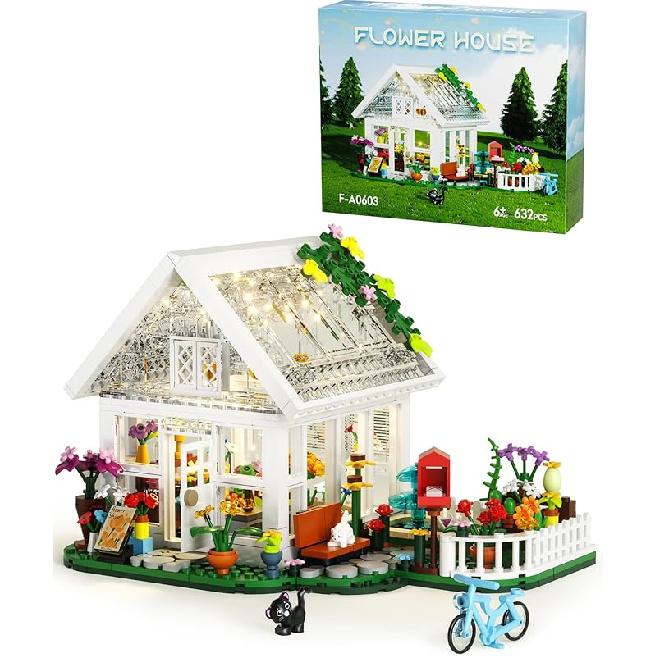 Flower House with LED Light Building Set, Flowerhouse Fountain Countyard Buiding Set with Flowers Potted & Cat Playset, Greenhouse Model Xmas for