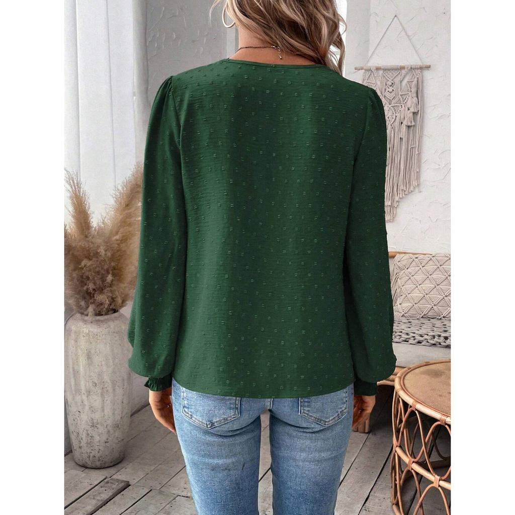 IHUASU Autumn Winter Fashion V-neck Lace Solid Color Long Sleeve Casual T Women's Top