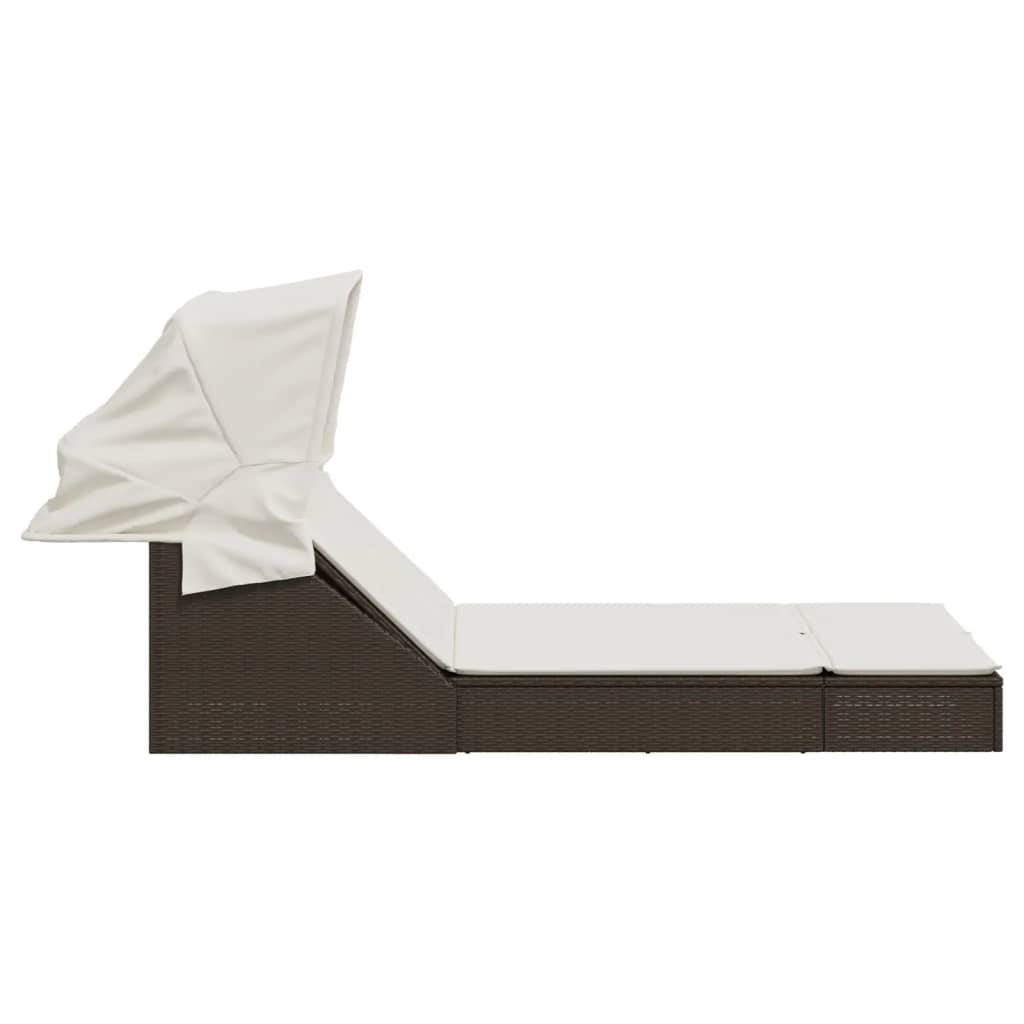 Double Sun Lounger with Canopy and Cushions Brown Poly Rattan