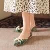 Soft-soled pointed-toed single shoes women's green flat-heeled women's shoes beaded bow shallow-mouth flat shoes women